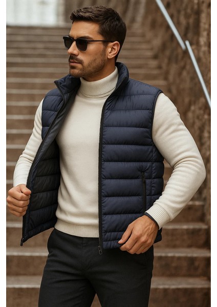Erkek Cepli Kışlık Fermuarlı Basic Füme Şişme Yelek