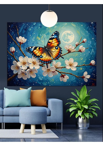 Kelebek Çiçekler Mavi Gece Dekoratif Kanvas - Mdf Ahşap Tablo