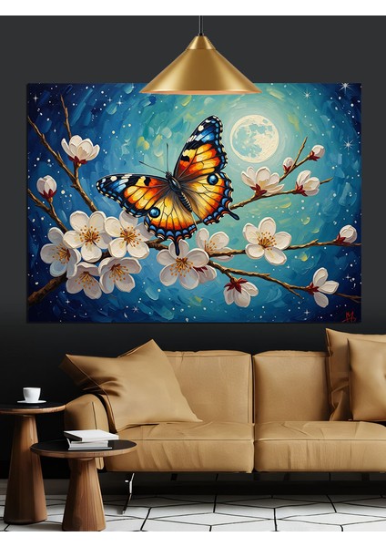 Kelebek Çiçekler Mavi Gece Dekoratif Kanvas - Mdf Ahşap Tablo fiyatları