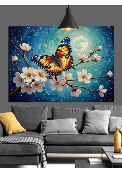 Kelebek Çiçekler Mavi Gece Dekoratif Kanvas - Mdf Ahşap Tablo modelleri
