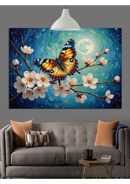 Kelebek Çiçekler Mavi Gece Dekoratif Kanvas - Mdf Ahşap Tablo fırsatları