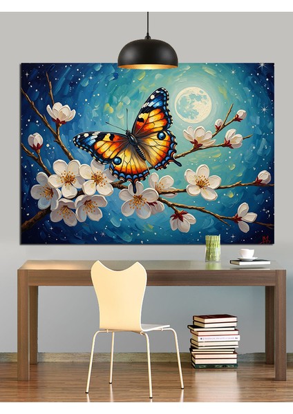 Kelebek Çiçekler Mavi Gece Dekoratif Kanvas - Mdf Ahşap Tablo indirimleri