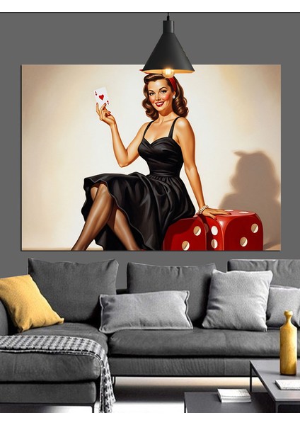 As Tutan Pin-Up Kadın ve Zarlar Dekoratif Kanvas - Mdf Ahşap Tablo fiyatları