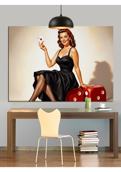 As Tutan Pin-Up Kadın ve Zarlar Dekoratif Kanvas - Mdf Ahşap Tablo fırsatları