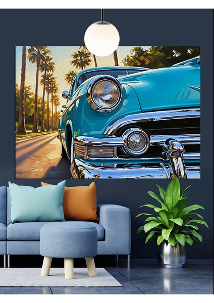Mavi Klasik Araba Dekoratif Kanvas - Mdf Ahşap Tablo