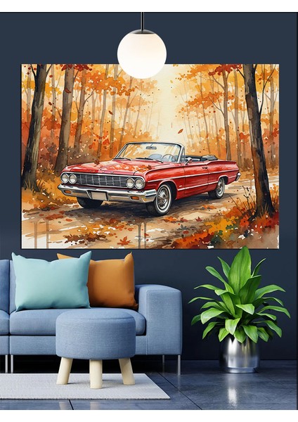 Eski Kırmızı Klasik Araba Dekoratif Kanvas - Mdf Ahşap Tablo