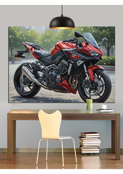 Kırmızı Motosiklet Spor Aracı Dekoratif Kanvas - Mdf Ahşap Tablo