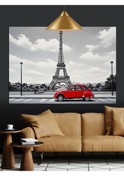Eyfel Kulesi Önünde Kırmızı Araba Dekoratif Kanvas - Mdf Ahşap Tablo