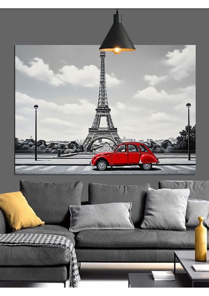 Eyfel Kulesi Önünde Kırmızı Araba Dekoratif Kanvas - Mdf Ahşap Tablo fiyatları