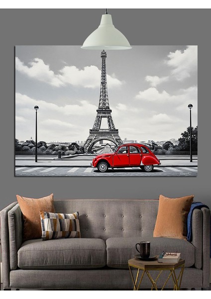Eyfel Kulesi Önünde Kırmızı Araba Dekoratif Kanvas - Mdf Ahşap Tablo modelleri