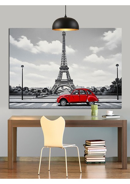 Eyfel Kulesi Önünde Kırmızı Araba Dekoratif Kanvas - Mdf Ahşap Tablo fırsatları