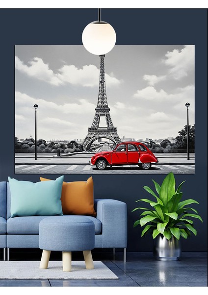 Eyfel Kulesi Önünde Kırmızı Araba Dekoratif Kanvas - Mdf Ahşap Tablo indirimleri