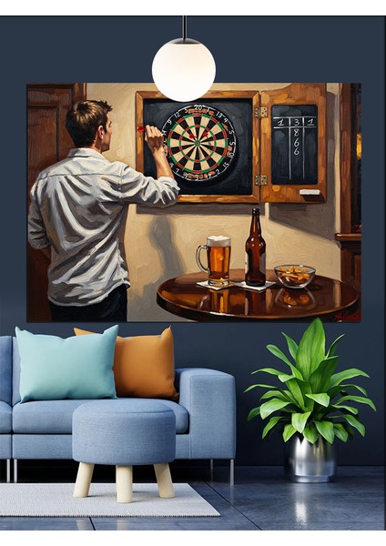 Barda Dart Oynayan Adam Dekoratif Kanvas - Mdf Ahşap Tablo