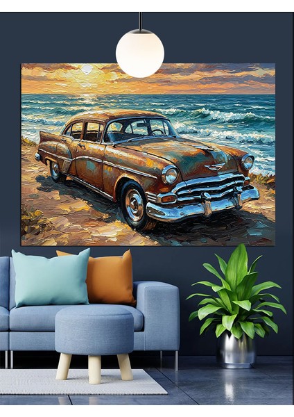 Klasik Araba Deniz Kenarı Dekoratif Kanvas - Mdf Ahşap Tablo