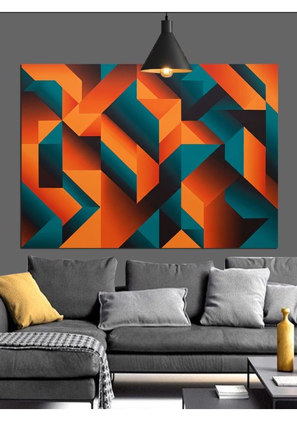 Turuncu Mavi Geometrik Desen Dekoratif Kanvas - Mdf Ahşap Tablo fiyatları