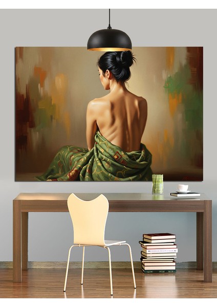 Sırtı Dönük Yeşil Elbiseli Kadın Dekoratif Kanvas - Mdf Ahşap Tablo