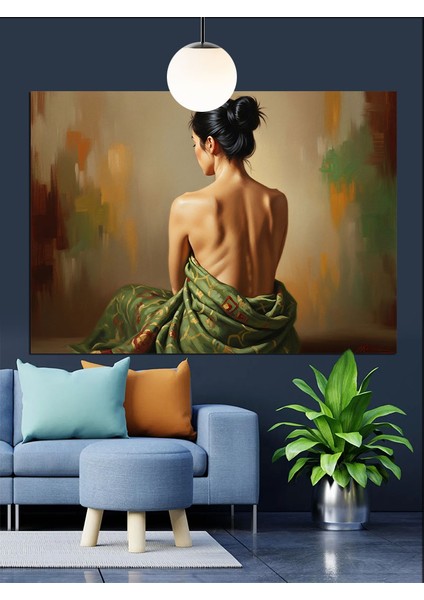 Sırtı Dönük Yeşil Elbiseli Kadın Dekoratif Kanvas - Mdf Ahşap Tablo fiyatları