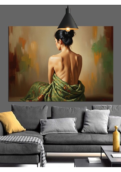 Sırtı Dönük Yeşil Elbiseli Kadın Dekoratif Kanvas - Mdf Ahşap Tablo fırsatları