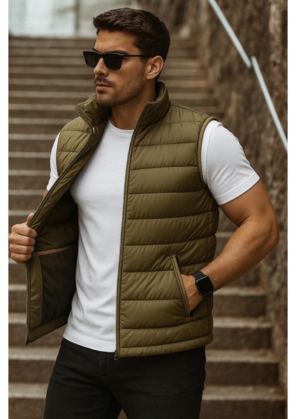 Erkek Cepli Kışlık Fermuarlı Basic Haki Şişme Yelek