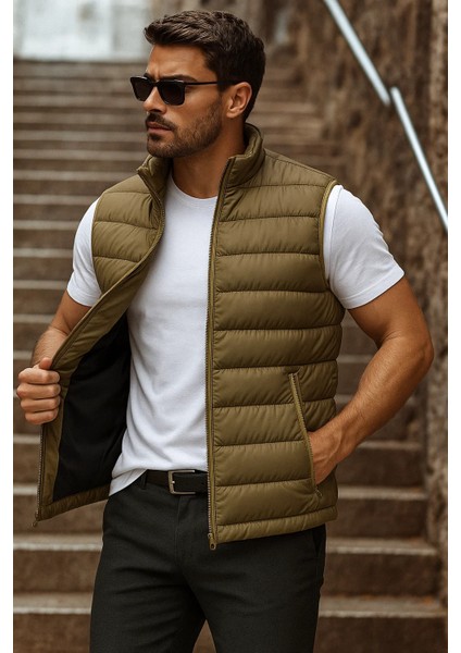 Erkek Cepli Kışlık Fermuarlı Basic Haki Şişme Yelek fiyatları
