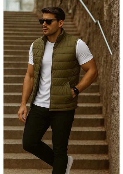 Erkek Cepli Kışlık Fermuarlı Basic Haki Şişme Yelek modelleri