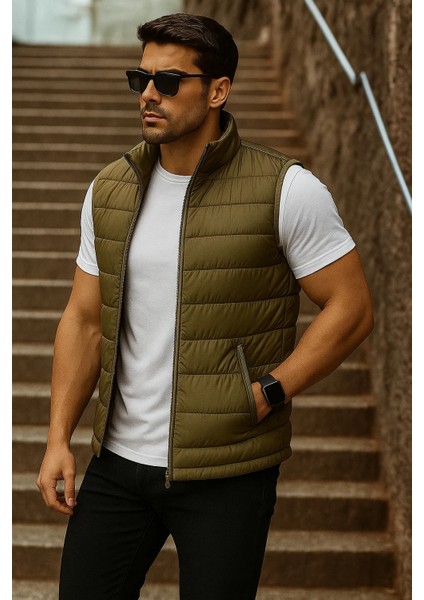 Erkek Cepli Kışlık Fermuarlı Basic Haki Şişme Yelek fırsatları