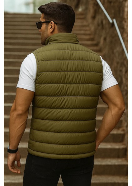 Erkek Cepli Kışlık Fermuarlı Basic Haki Şişme Yelek