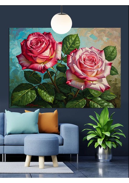 Iki Pembe Gül Detayı Dekoratif Kanvas - Mdf Ahşap Tablo