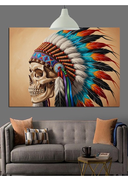 Tüylü Kızılderili Kafatası Figürü Dekoratif Kanvas - Mdf Ahşap Tablo