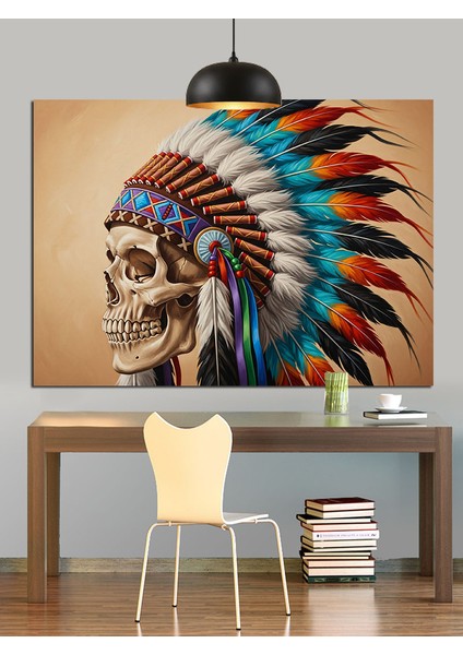 Tüylü Kızılderili Kafatası Figürü Dekoratif Kanvas - Mdf Ahşap Tablo fiyatları