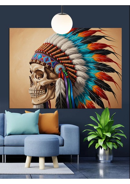 Tüylü Kızılderili Kafatası Figürü Dekoratif Kanvas - Mdf Ahşap Tablo modelleri
