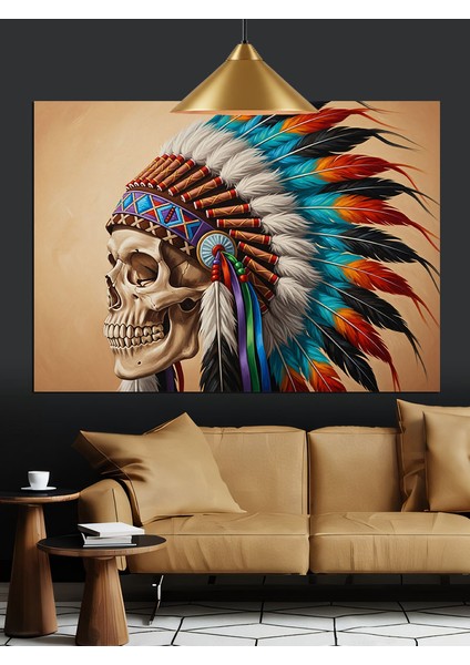 Tüylü Kızılderili Kafatası Figürü Dekoratif Kanvas - Mdf Ahşap Tablo fırsatları