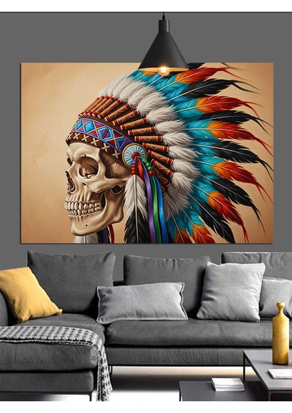 Tüylü Kızılderili Kafatası Figürü Dekoratif Kanvas - Mdf Ahşap Tablo indirimleri