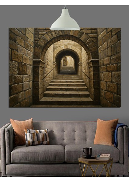 Karanlık Taş Merdiven Tünel Dekoratif Kanvas - Mdf Ahşap Tablo