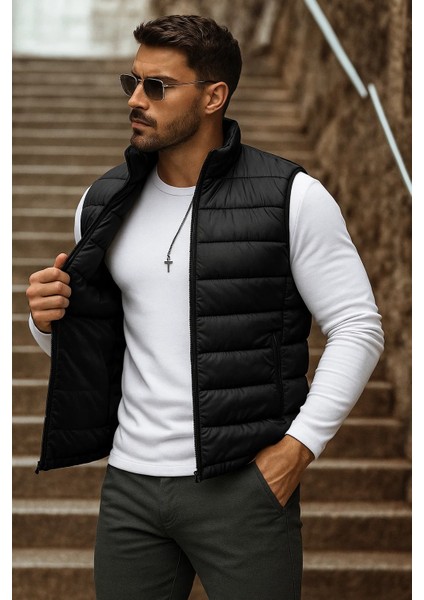 Erkek Cepli Kışlık Fermuarlı Basic Siyah Şişme Yelek
