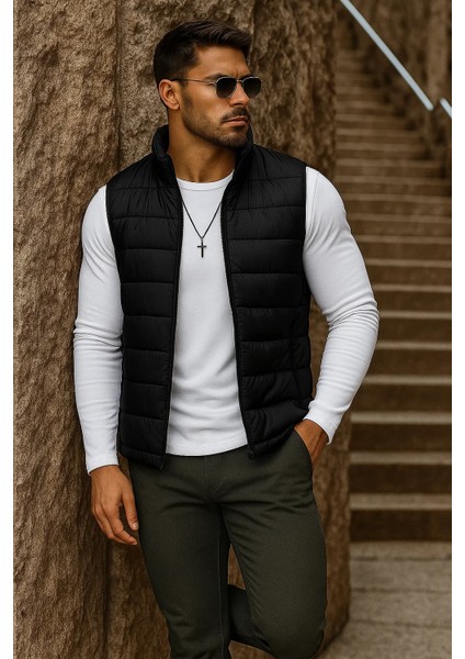 Erkek Cepli Kışlık Fermuarlı Basic Siyah Şişme Yelek modelleri