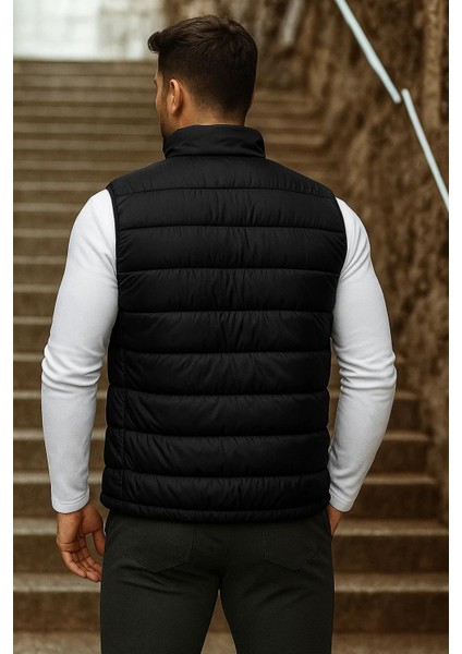 Erkek Cepli Kışlık Fermuarlı Basic Siyah Şişme Yelek