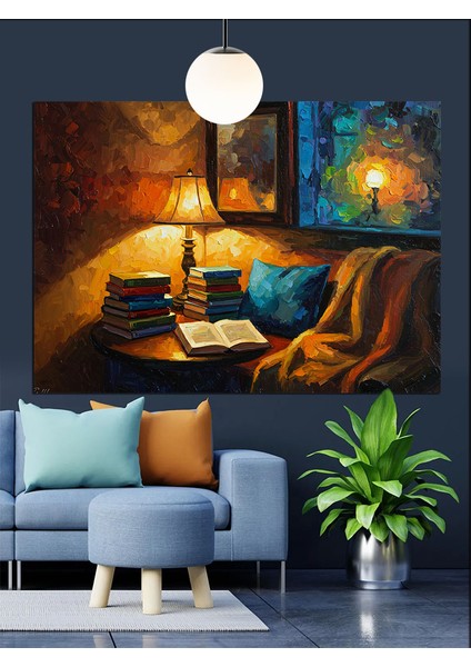 Okuma Lambası ve Kitap Dolu Oda Dekoratif Kanvas - Mdf Ahşap Tablo