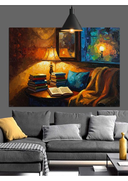 Okuma Lambası ve Kitap Dolu Oda Dekoratif Kanvas - Mdf Ahşap Tablo modelleri