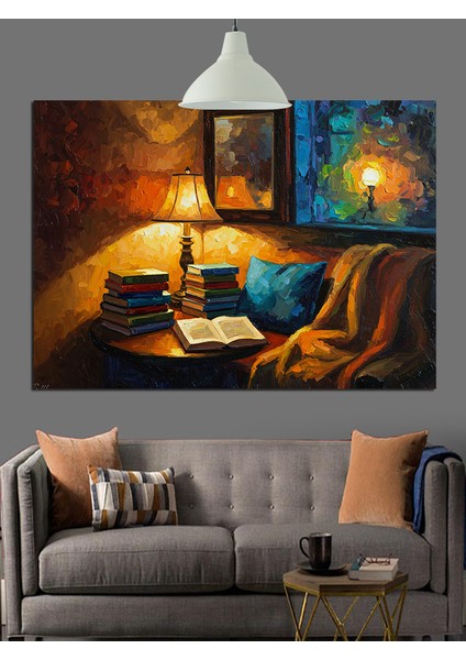 Okuma Lambası ve Kitap Dolu Oda Dekoratif Kanvas - Mdf Ahşap Tablo fırsatları