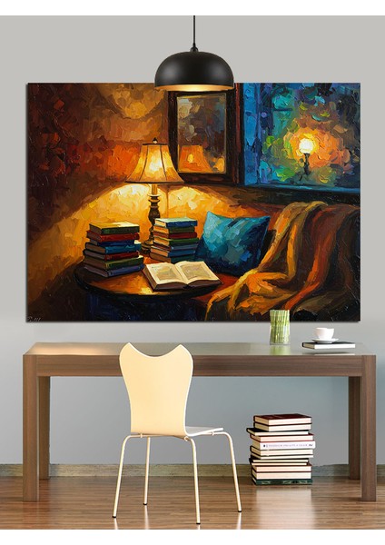 Okuma Lambası ve Kitap Dolu Oda Dekoratif Kanvas - Mdf Ahşap Tablo indirimleri