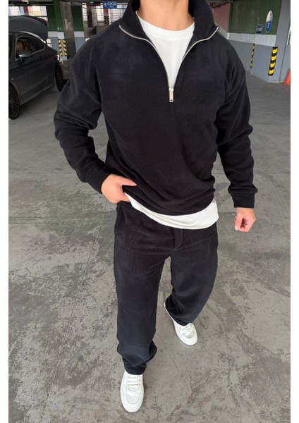 Oversize Fermuarlı Dik Yaka Baggy Pantolonlu Polar Takım
