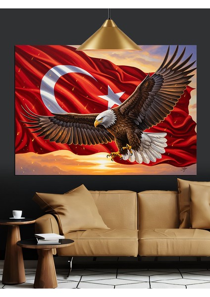 Türk Bayrağı ve Kartal Dekoratif Kanvas - Mdf Ahşap Tablo
