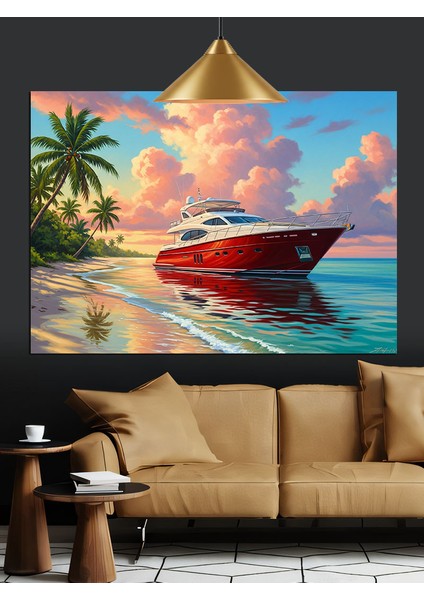 Hızlı Tekne Plaj Manzarası Dekoratif Kanvas - Mdf Ahşap Tablo