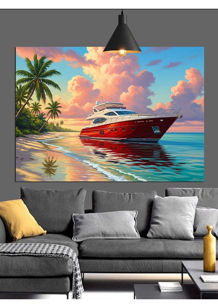 Hızlı Tekne Plaj Manzarası Dekoratif Kanvas - Mdf Ahşap Tablo fiyatları