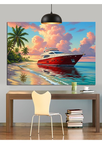 Hızlı Tekne Plaj Manzarası Dekoratif Kanvas - Mdf Ahşap Tablo fırsatları