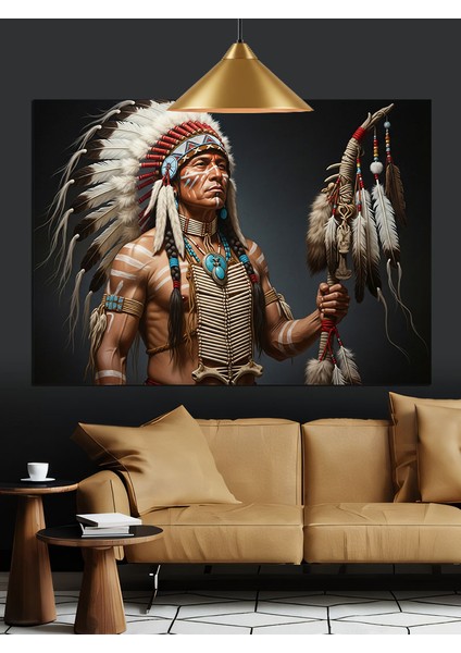 Kızılderili Savaşçı Dekoratif Kanvas - Mdf Ahşap Tablo