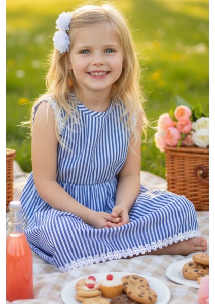 0016 - Mavi Beyaz Çizgili Fistolu Elbise Beyaz Toka Takım