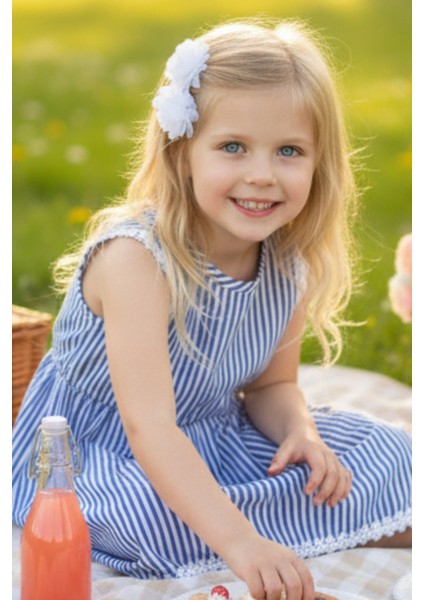 0016 - Mavi Beyaz Çizgili Fistolu Elbise Beyaz Toka Takım fiyatları