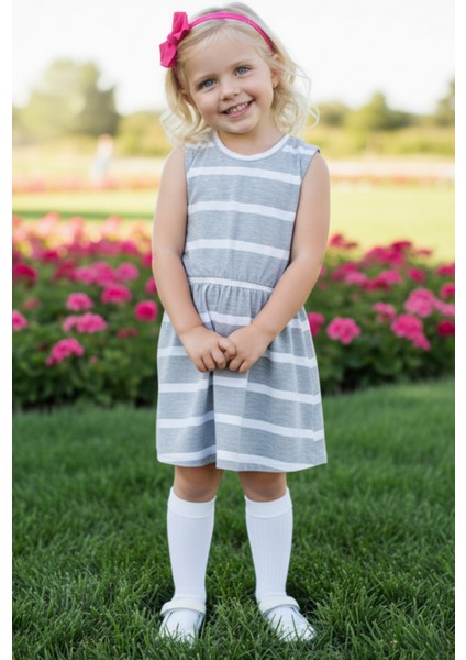 0011 - Gri Beyaz Çizgili Elbise Fuşya Bandana Takım